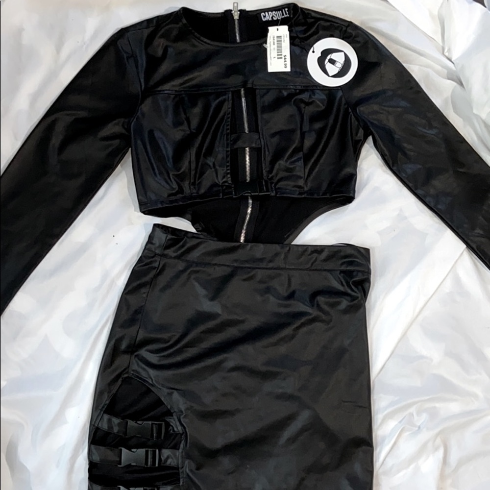 Sexy Long Sleeve Faux Leather Cutout Club Dress